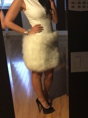 BCBG White Textured Dress with Faux Fur feather Skirt